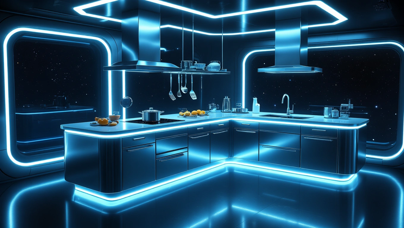 Mit jelent konyhabútorral álmodni? – Részletes álomfejtés és értelmezés Futurisztikus konyha, fényes bútorokkal és világító elemekkel.
