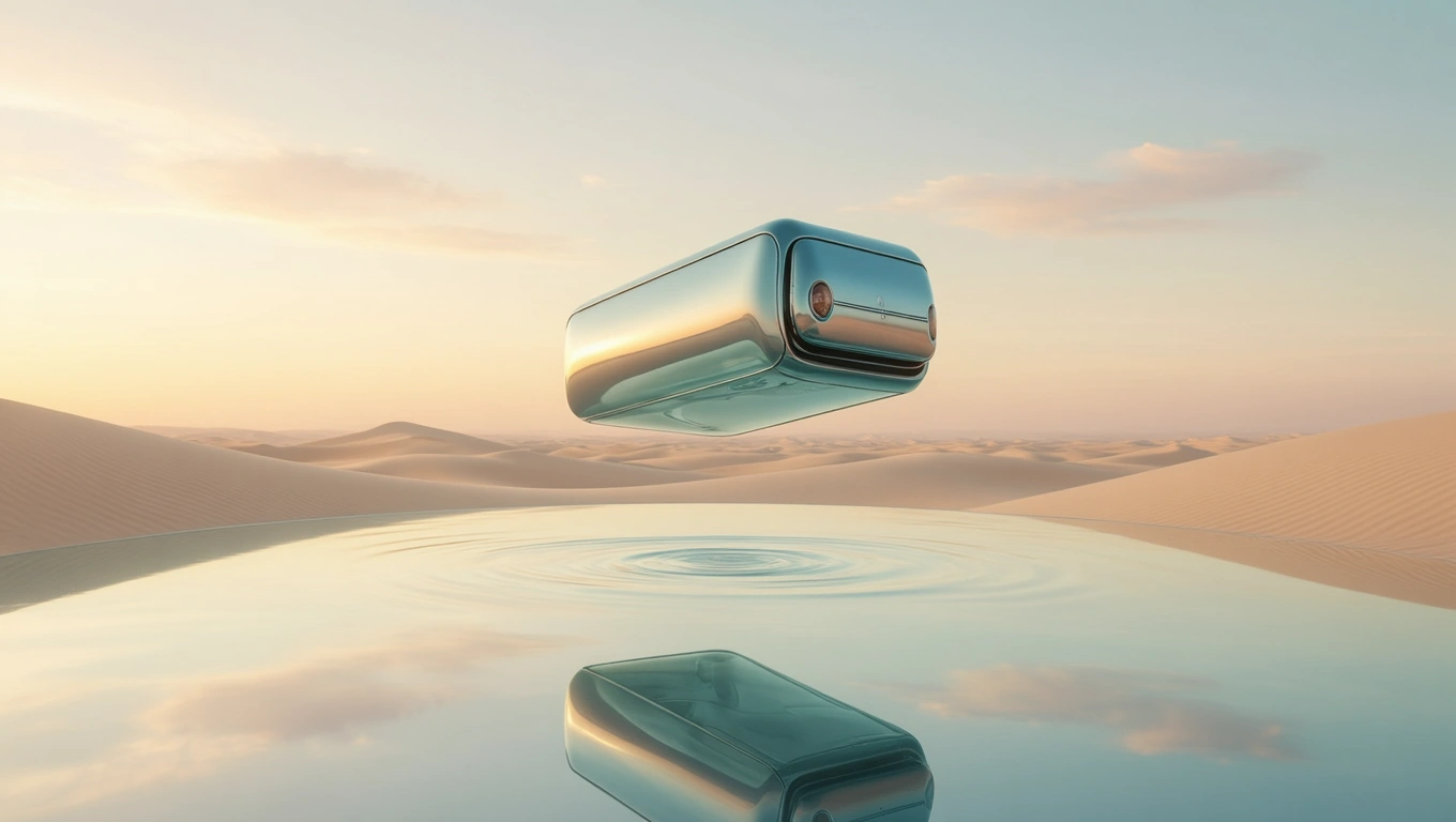 Mit jelent markológépről álmodni? – Részletes álomfejtés és értelmezés Egy lebegő, futurisztikus markológép a víz tükrén, sivatagi háttérrel.