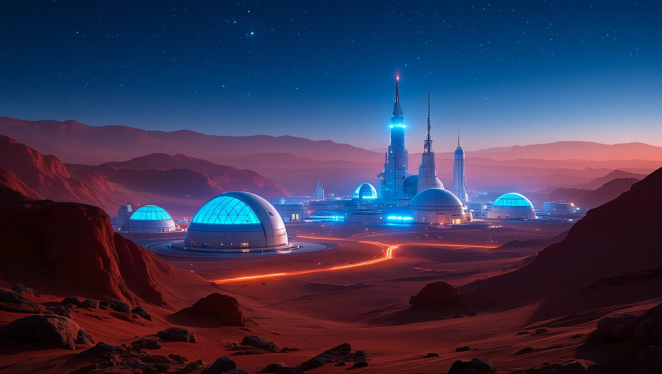 Mit jelent Marsról álmodni? – Részletes álomfejtés és értelmezés Futurista település a Marson, világító kupolákkal és hegyekkel a háttérben.