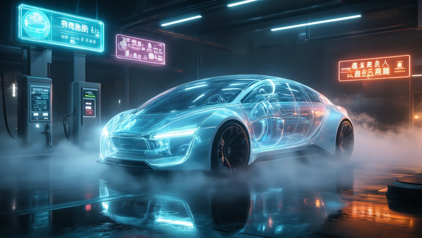 Mit jelent tankolásról álmodni? – Részletes álomfejtés és értelmezés Futurista autó tankolás közben, neonfények és köd között.