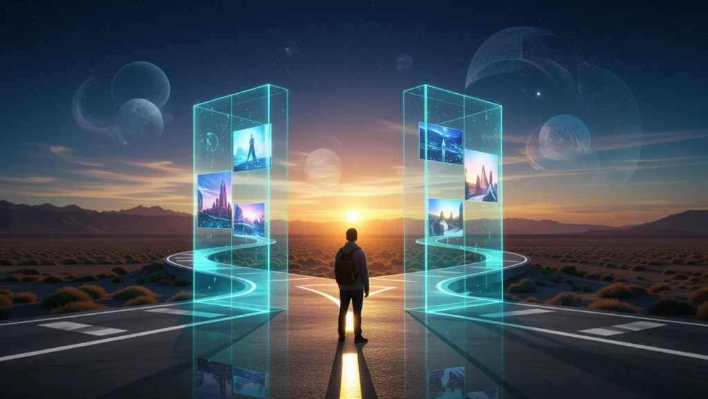 Mit jelent útkereszteződésről álmodni? – Részletes álomfejtés és értelmezés Egy ember áll egy futurisztikus útkereszteződésnél, holografikus képek előtt.