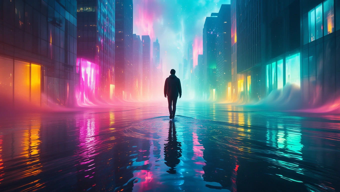 Mit jelent drogfüggővel álmodni? – Részletes álomfejtés és értelmezés Egy ember sétál egy színes, futurisztikus városban, víz tükröződik körülötte.