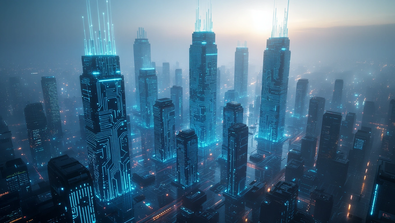 Mit jelent mesterséges intelligenciával álmodni? – Részletes álomfejtés és értelmezés Futurisztikus városkép, kék fényekkel és technológiai elemekkel.