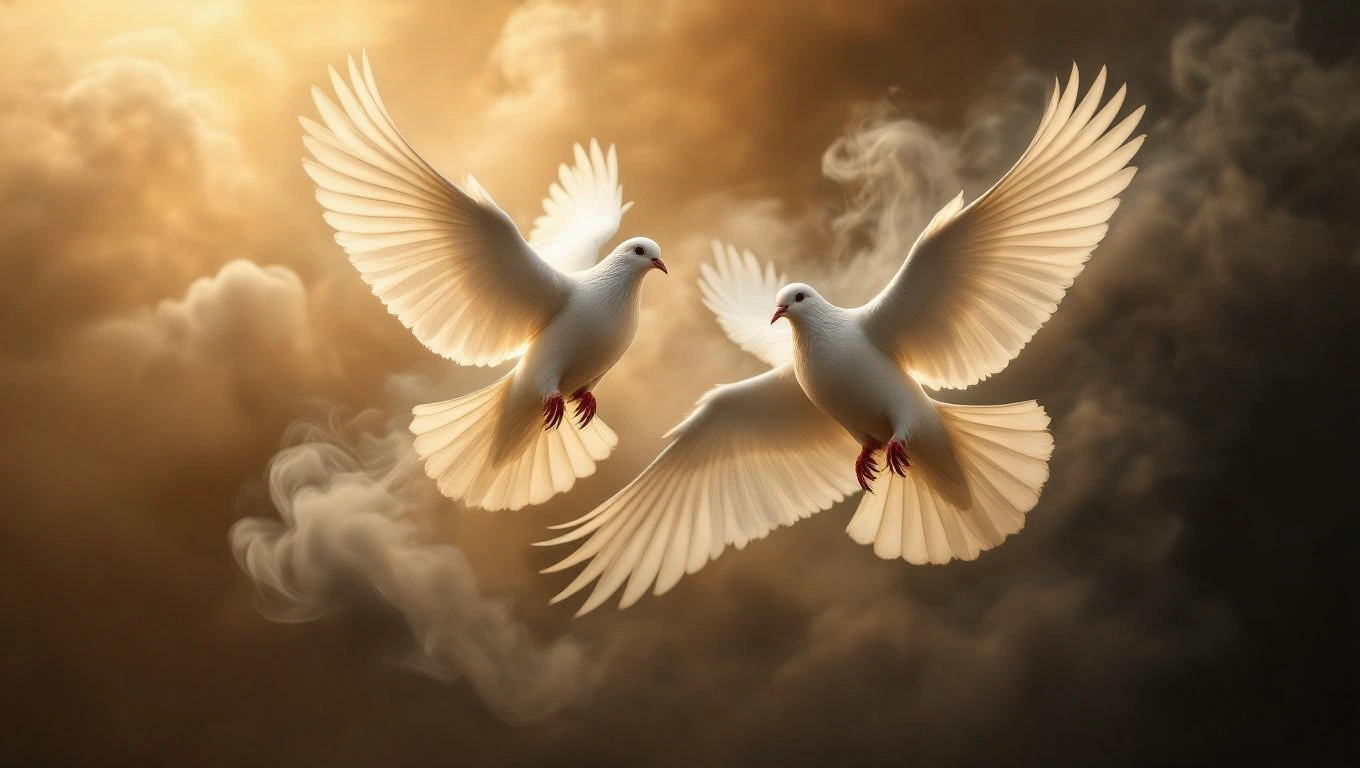 Mit jelent terroristával álmodni? – Részletes álomfejtés és értelmezés Két fehér galamb repül a sötét felhők között, békét szimbolizálva.
