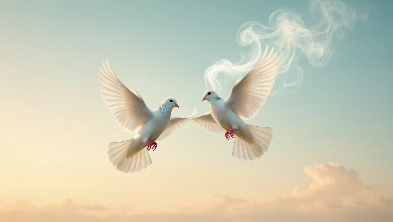 Mit jelent ha azt álmodom hogy a párom meghal? – Részletes álomfejtés és értelmezés Két fehér galamb repül egymás felé, a háttérben lágy felhők és kék ég.