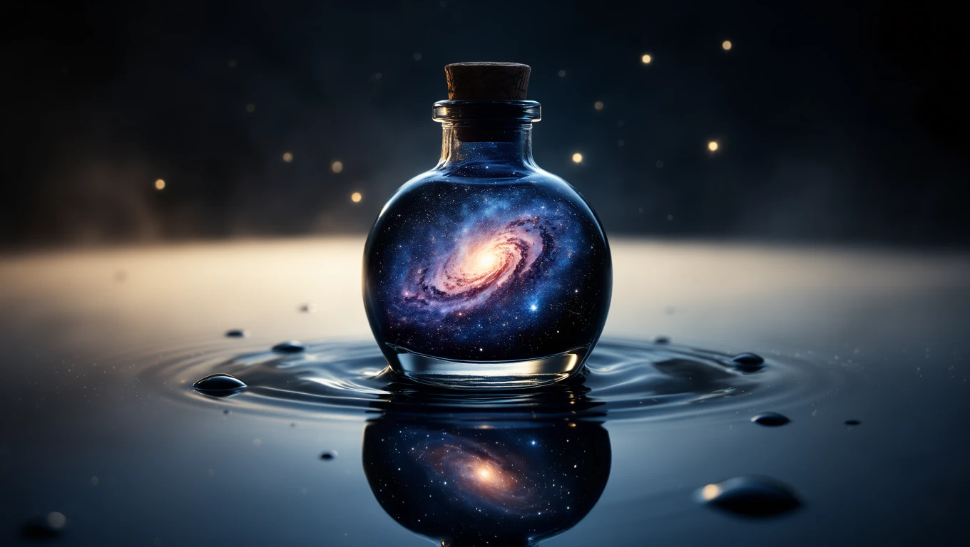 Mit jelent tintatartóval álmodni? – Részletes álomfejtés és értelmezés Egy üveg tintatartó, benne galaxis látható, víz tükröződik körülötte.