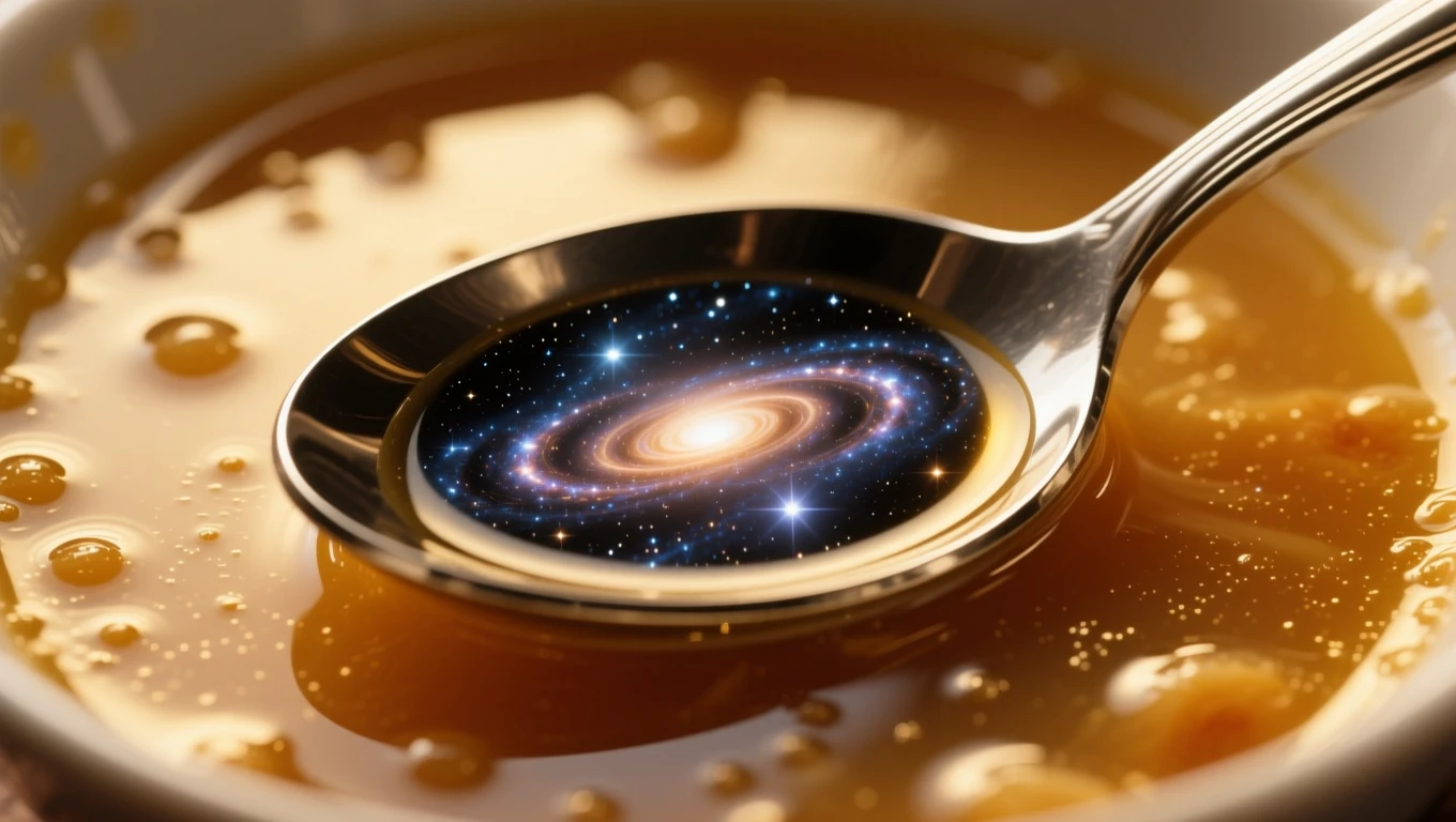 Mit jelent evésről álmodni? – Részletes álomfejtés és értelmezés Egy kanálban galaxis látható, amely egy ételt tartalmazó tányérban van.