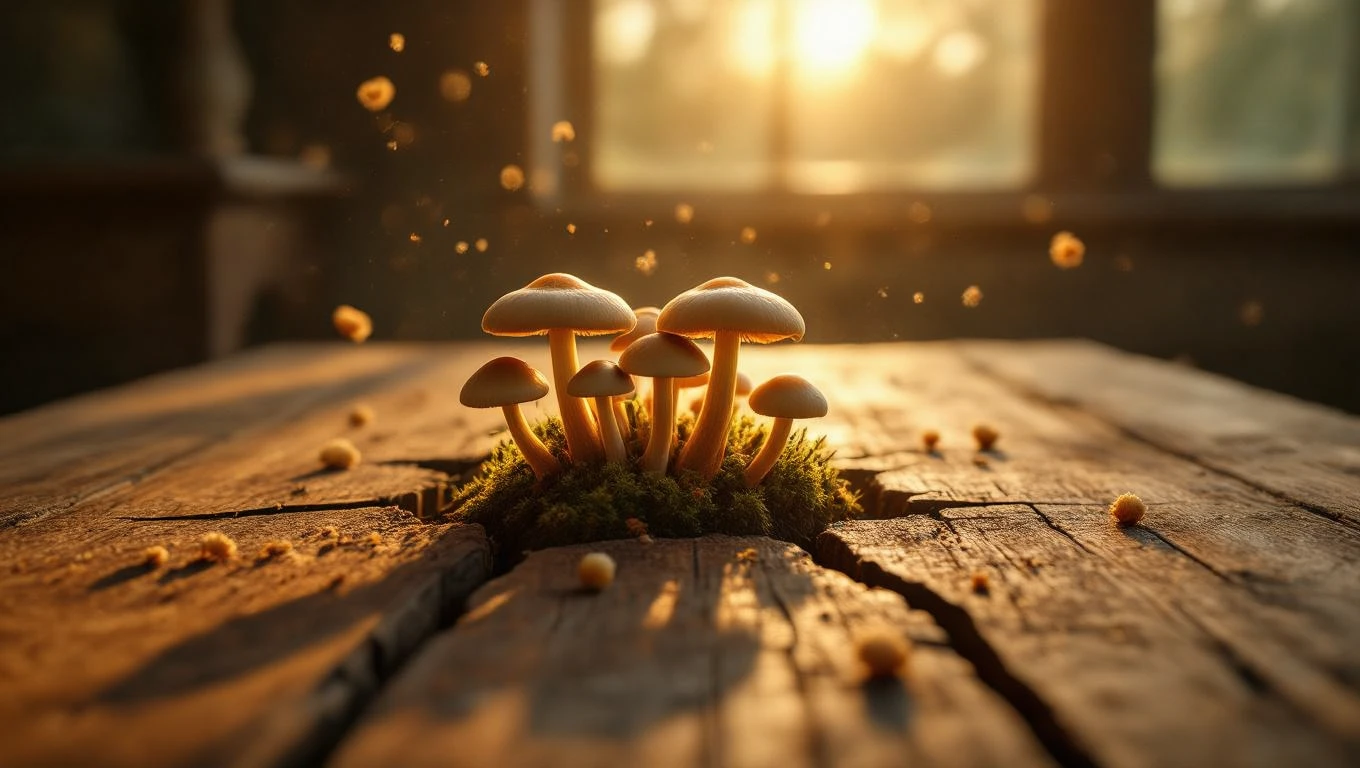 Mit jelent gombával álmodni? – Részletes álomfejtés és értelmezés Egy fából készült asztalon gombák nőnek, napfény világítja meg őket.