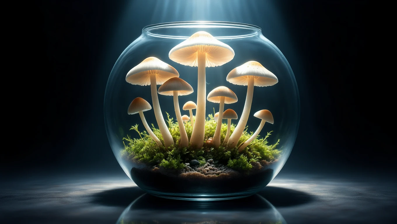 Mit jelent gombával álmodni? – Részletes álomfejtés és értelmezés Egy üvegben növekvő gombák zöld mohával, misztikus fényben.