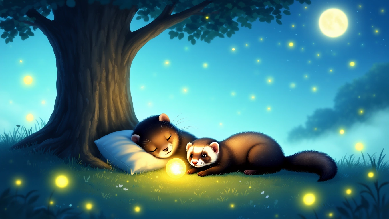 Mit jelent vadászgörénnyel álmodni? – Részletes álomfejtés és értelmezés Két aranyos görény pihen egy fánál, lágy fények között, álmodozva.