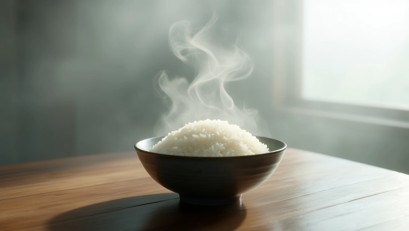 Mit jelent rizzsel álmodni? – Részletes álomfejtés és értelmezés Gőzölgő, főtt rizs egy fekete tálban, fából készült asztalon.