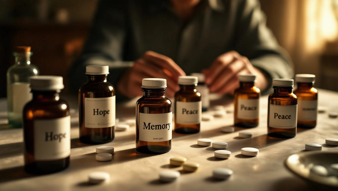 Mit jelent gyógyszerekkel álmodni? – Részletes álomfejtés és értelmezés Üveg gyógyszerek asztalon, címkézve: Remény, Emlék, Béke, körül fehér tabletták.