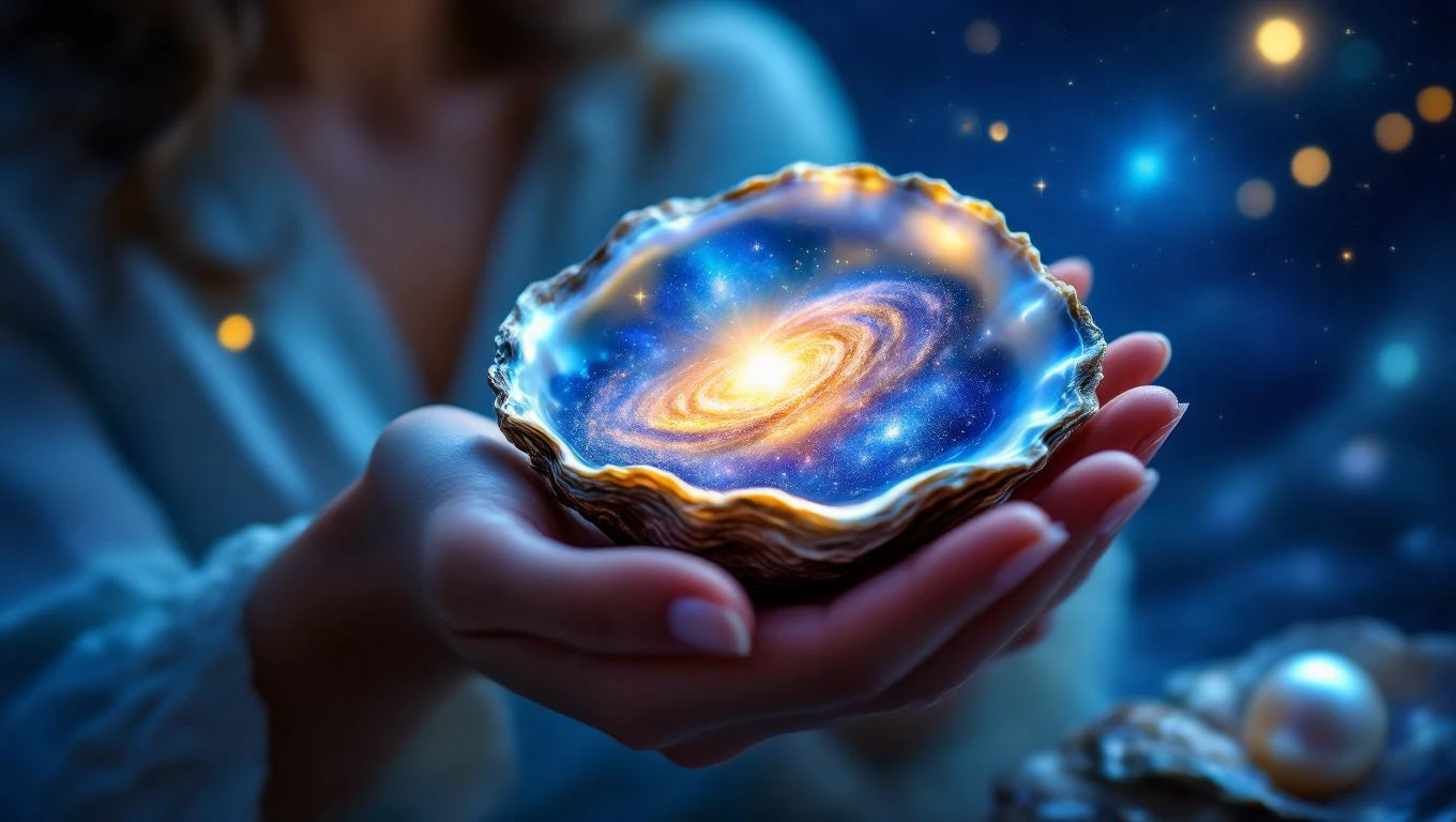 Mit jelent gyönggyel álmodni? – Részletes álomfejtés és értelmezés Egy női kéz gyöngyöt tart egy kagylóban, amelyben galaxis látható.