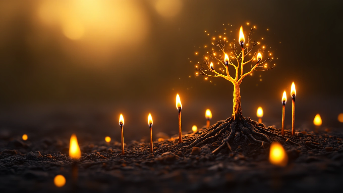 Mit jelent gyufával álmodni? – Részletes álomfejtés és értelmezés Egy gyufákból készült fa, lángokkal a tetején, varázslatos környezetben.