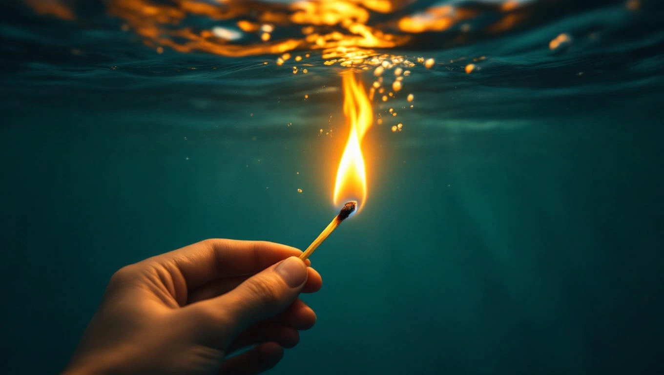 Mit jelent gyufával álmodni? – Részletes álomfejtés és értelmezés Egy égő gyufa látható, amelyet víz alatt tartanak, szimbolizálva a kreativitást és a veszélyt.