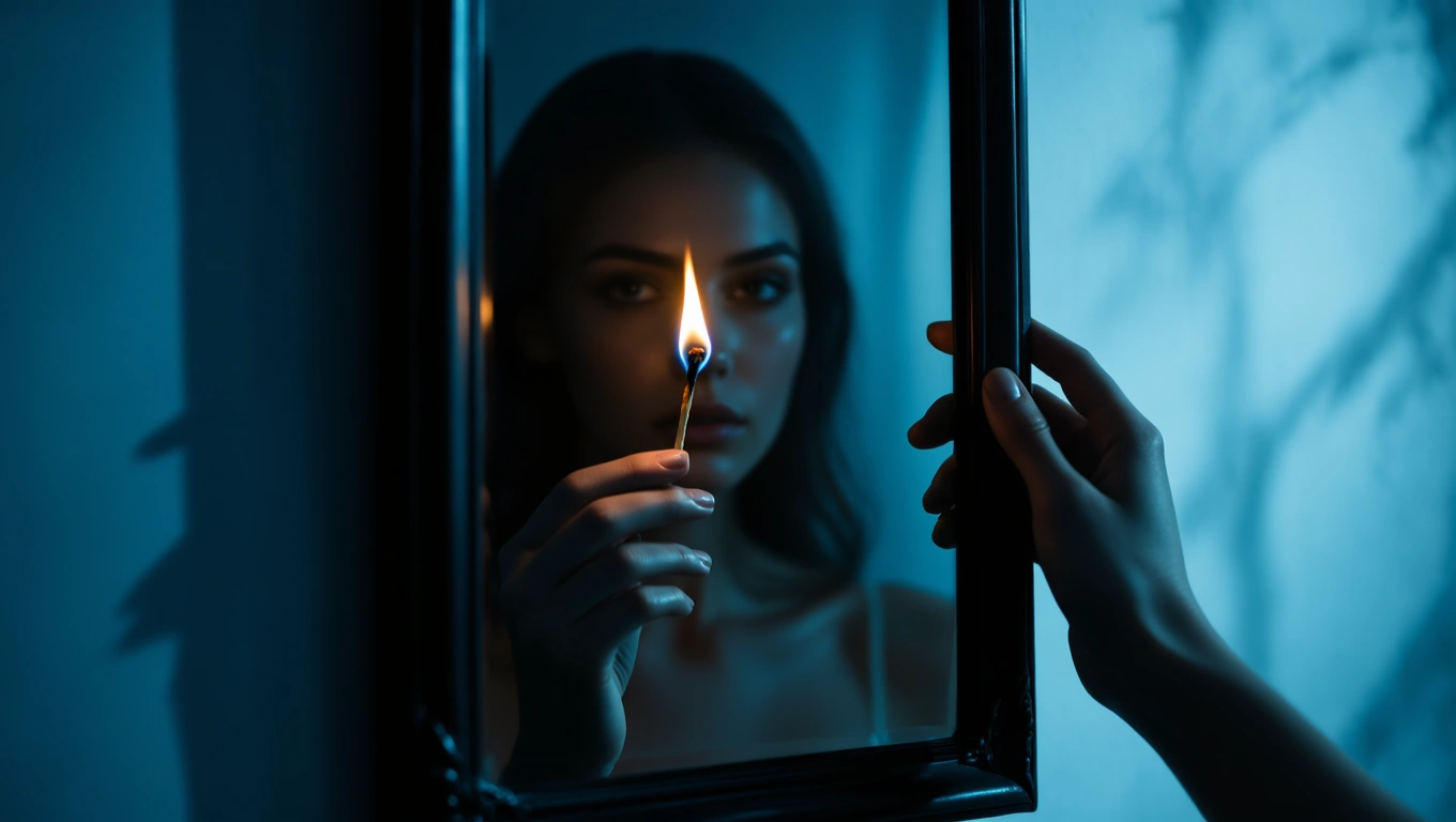 Mit jelent gyufával álmodni? – Részletes álomfejtés és értelmezés Egy nő gyufát tart a tükör előtt, a láng fénye megvilágítja az arcát.