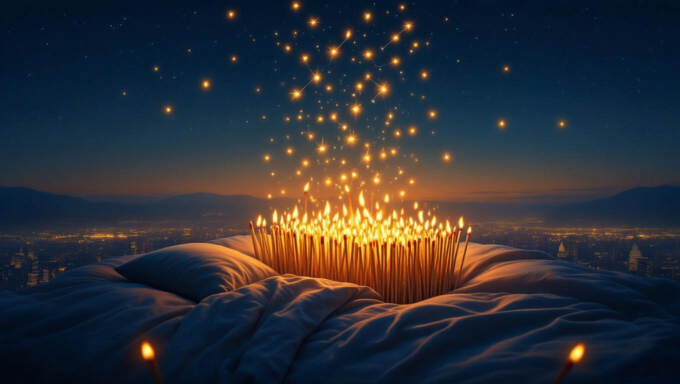 Mit jelent gyufával álmodni? – Részletes álomfejtés és értelmezés Egy gyufákból álló tűzgyújtó halom, csillagokkal a háttérben.