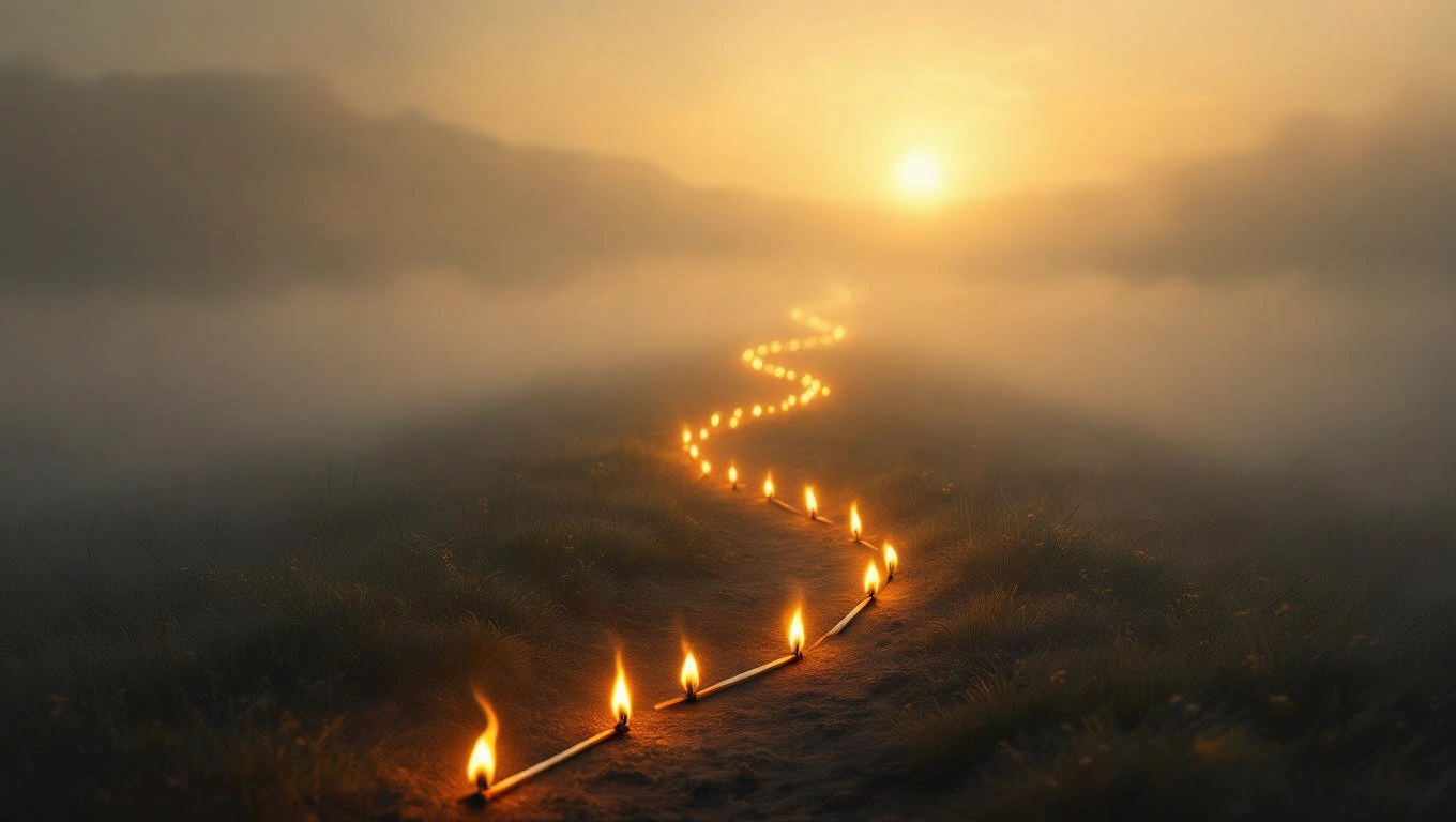 Mit jelent gyufával álmodni? – Részletes álomfejtés és értelmezés Egy gyufákból álló ösvény, amely lángol a ködös tájban, naplementében.