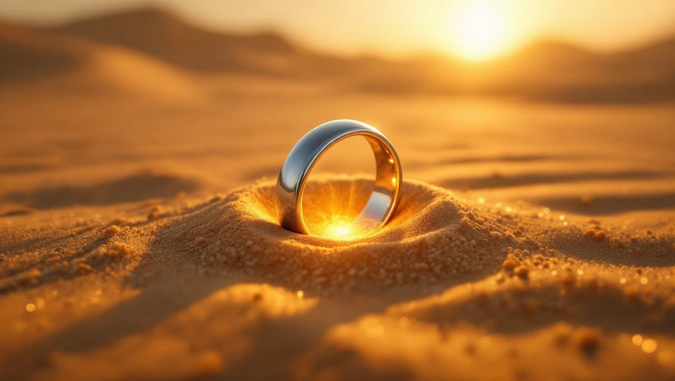 Mit jelent gyűrűvel álmodni? – Részletes álomfejtés és értelmezés Egy arany gyűrű fekszik a homokban, napfényben csillogva.