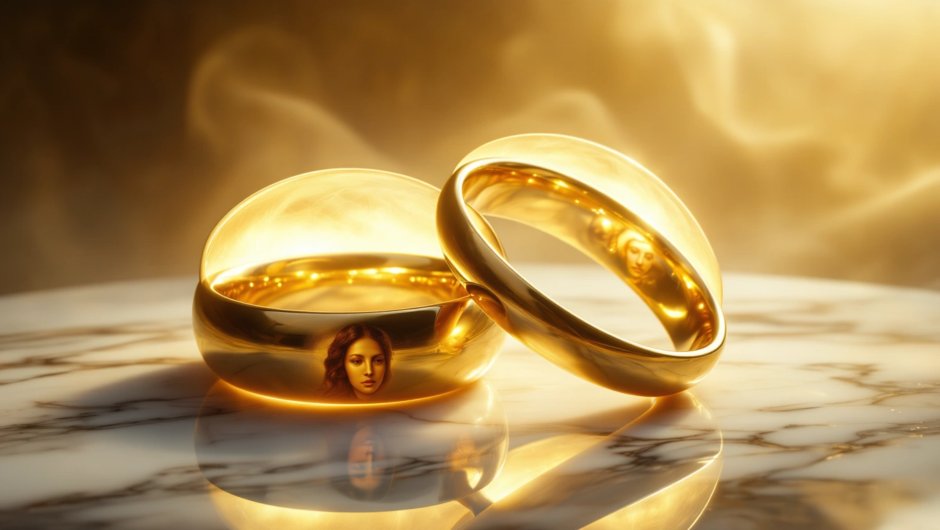 Mit jelent gyűrűvel álmodni? – Részletes álomfejtés és értelmezés Két aranygyűrű, egy sima és egy díszített, márványfelületen.