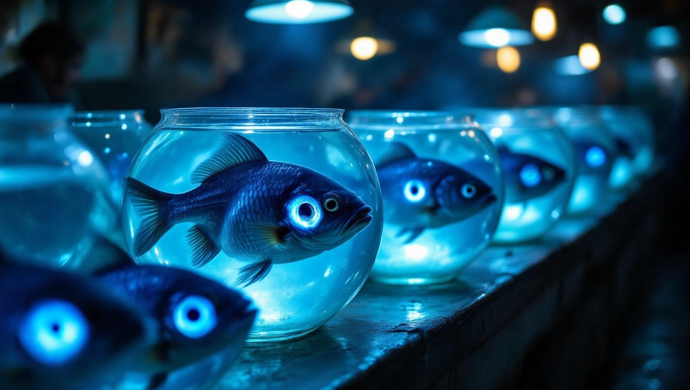 Mit jelent halpiacról álmodni? – Részletes álomfejtés és értelmezés Kék fényben úszó halak üvegbuborékokban, halpiac hangulata.