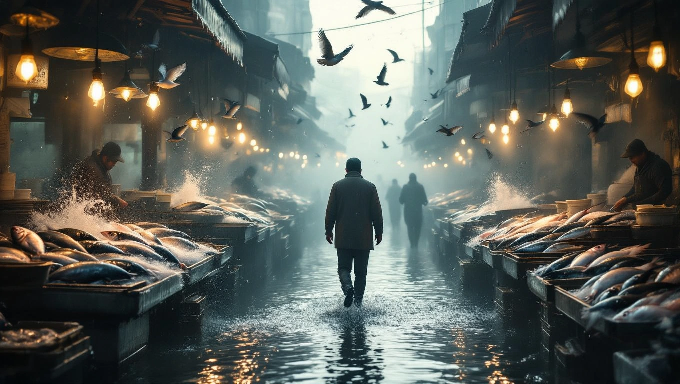 Egy halpiac, ahol halak sorakoznak, és egy férfi sétál a vízben, madarak repkednek.