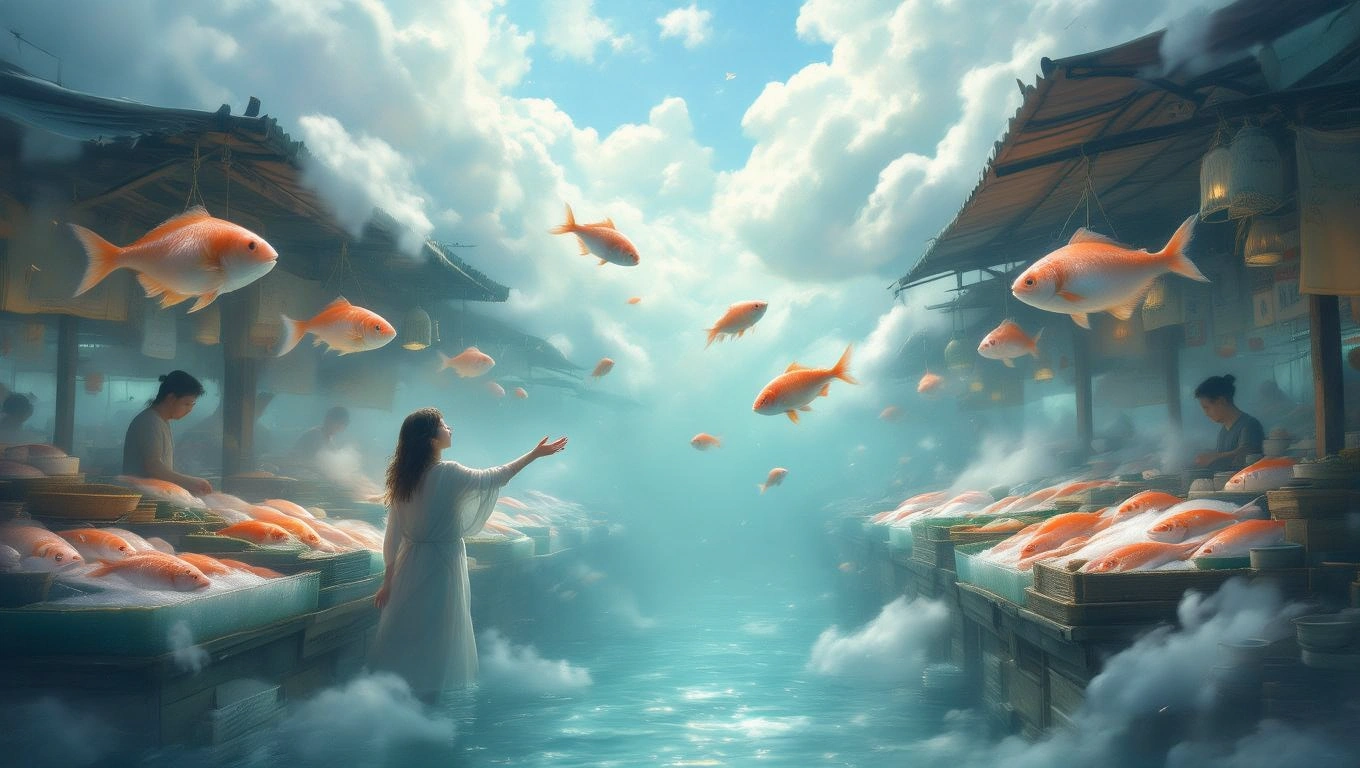 Mit jelent halpiacról álmodni? – Részletes álomfejtés és értelmezés Egy halpiac, ahol aranyhalak lebegnek a levegőben, és egy nő kinyújtja a kezét.