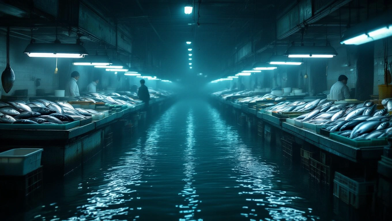 Mit jelent halpiacról álmodni? – Részletes álomfejtés és értelmezés Egy halpiac, ahol friss halak sorakoznak, és emberek dolgoznak a pultoknál.