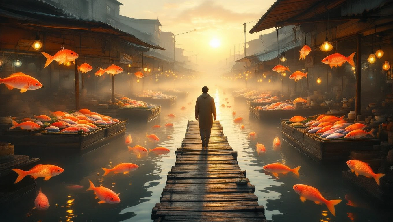Mit jelent halpiacról álmodni? – Részletes álomfejtés és értelmezés Egy halpiac, ahol aranyhalak úsznak a vízben, és egy ember sétál a deszkahídon.