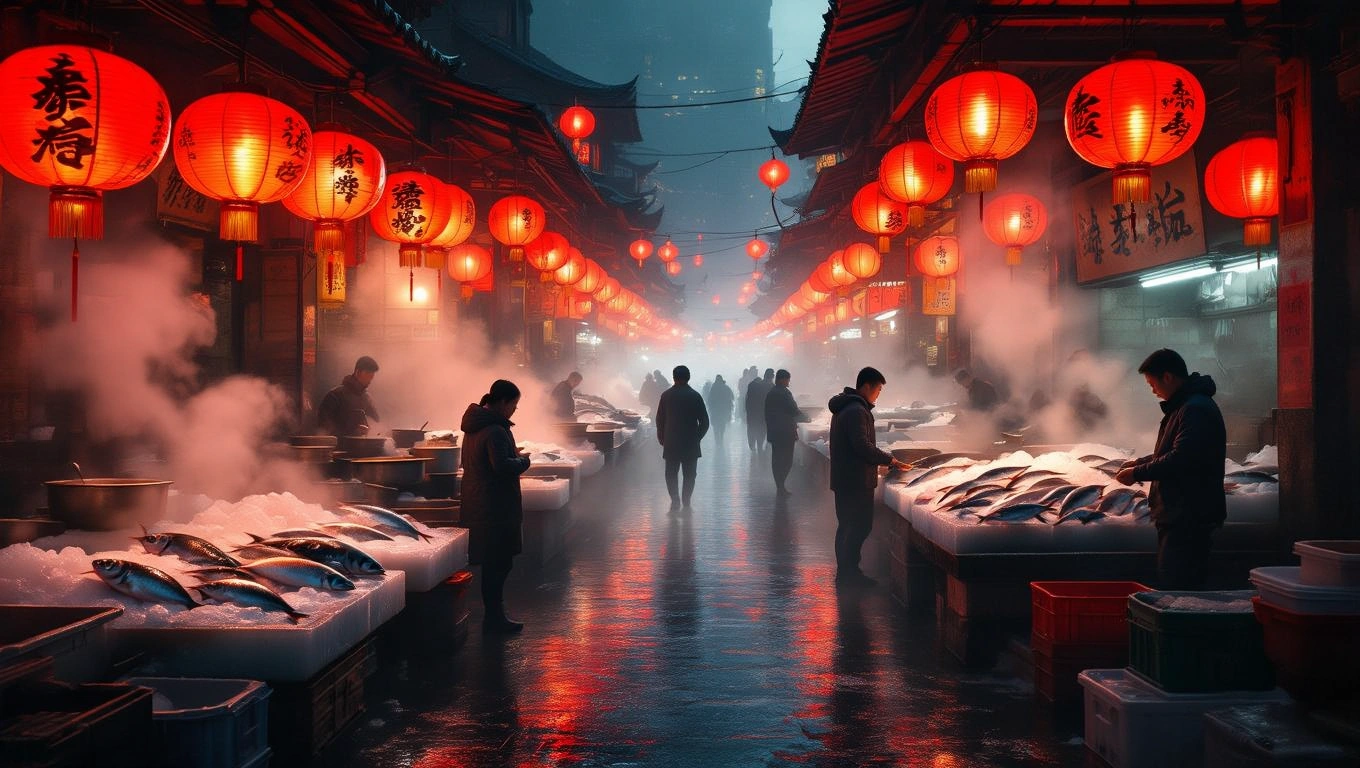 Mit jelent halpiacról álmodni? – Részletes álomfejtés és értelmezés Halpiac, ahol emberek friss halakat árulnak, piros lámpások világítanak.