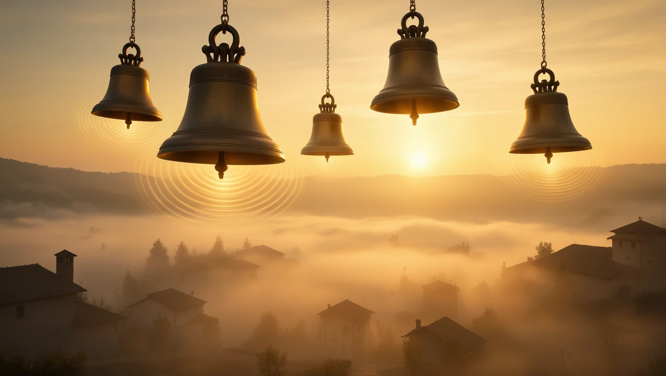 Hanging bells at sunrise, surrounded by misty landscape and houses.