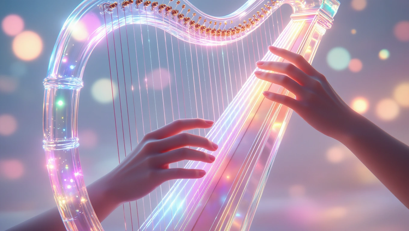 Mit jelent hárfával álmodni? – Részletes álomfejtés és értelmezés Egy hárfa, amelyet két kéz játszik, színes fényekkel körülvéve.
