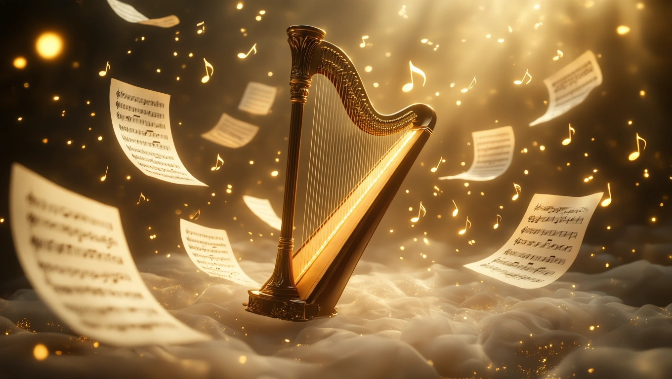 Mit jelent hárfával álmodni? – Részletes álomfejtés és értelmezés Egy hárfa áll a felhők között, körülötte zeneszámok lebegnek.
