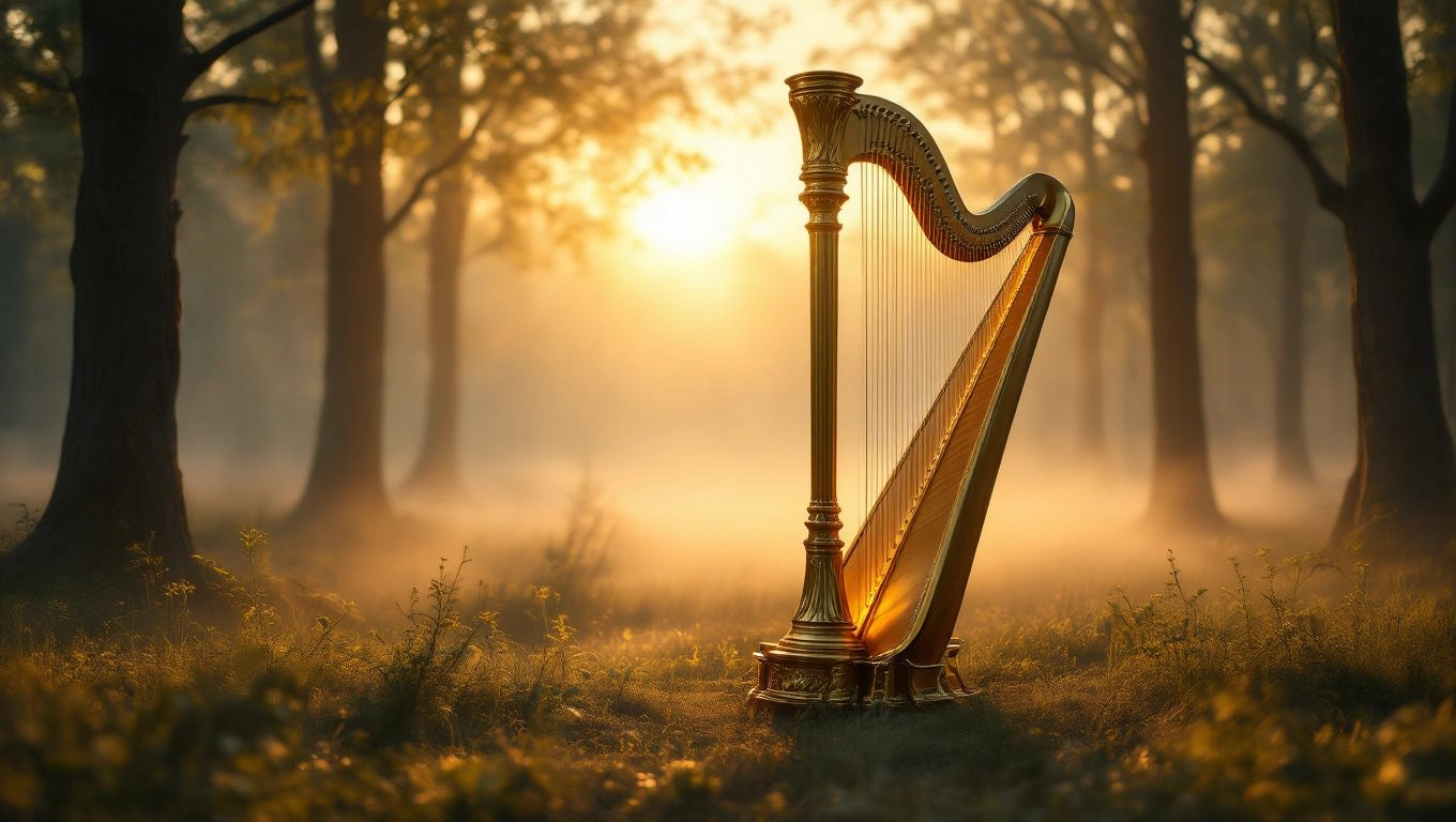 Mit jelent hárfával álmodni? – Részletes álomfejtés és értelmezés Egy hárfa áll egy ködös erdőben, napfény szűrődik át a fák között.