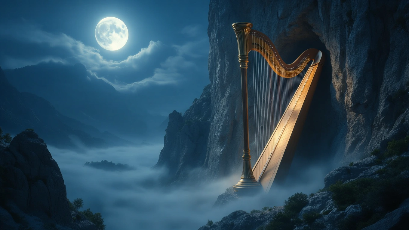 Mit jelent hárfával álmodni? – Részletes álomfejtés és értelmezés Egy hárfa áll a ködös hegyek között, telihold világítja meg.