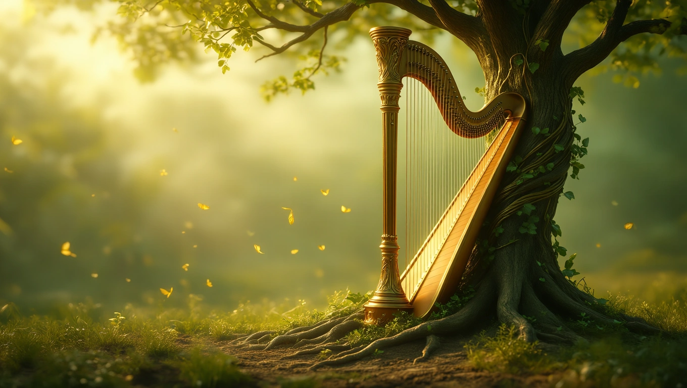 Mit jelent hárfával álmodni? – Részletes álomfejtés és értelmezés Egy hárfa áll egy fánál, körülötte zöld fű és lebegő levelek.