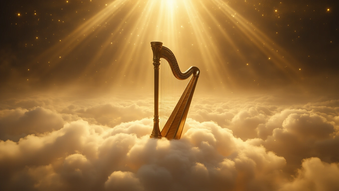 Mit jelent hárfával álmodni? – Részletes álomfejtés és értelmezés Egy hárfa áll a felhők között, aranyfényben, szellemi harmóniát szimbolizálva.