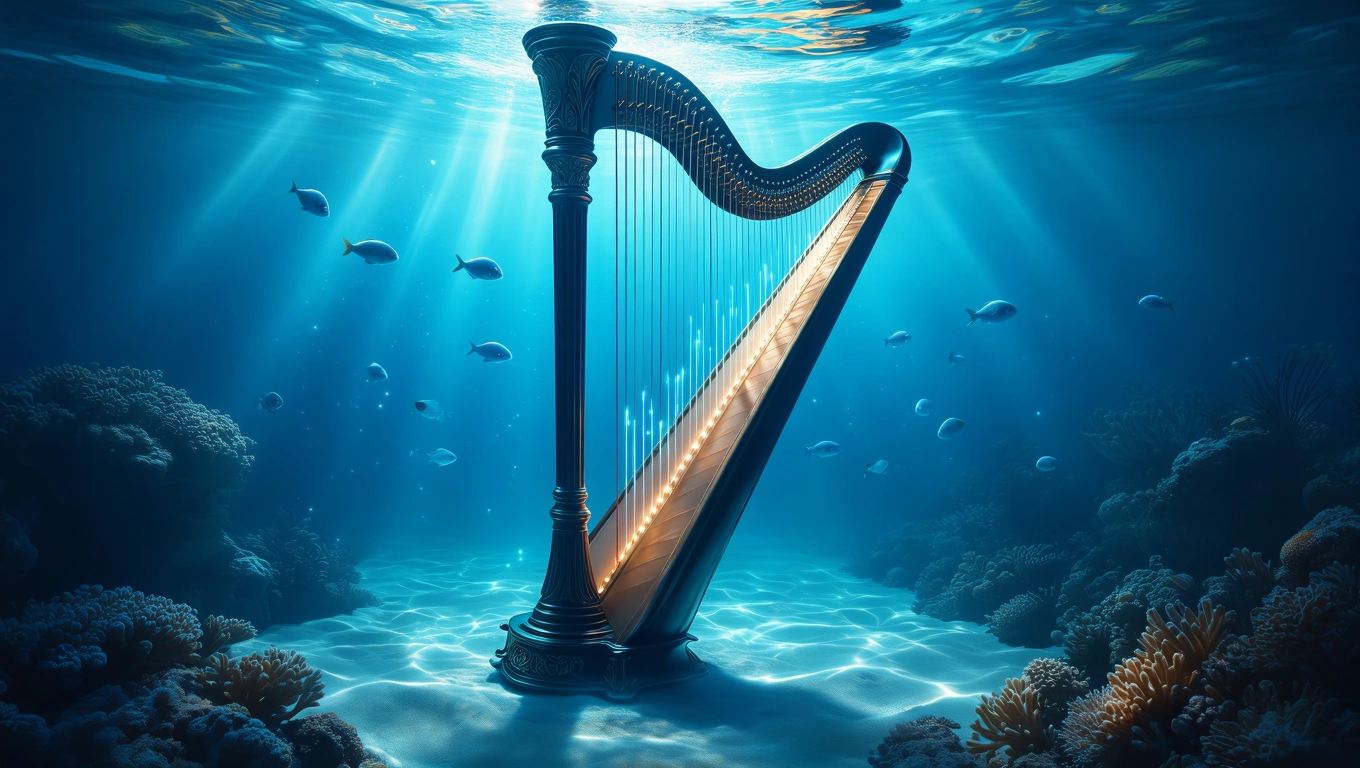 Mit jelent hárfával álmodni? – Részletes álomfejtés és értelmezés Egy hárfa áll az óceán fenekén, körülötte halak és korallok.