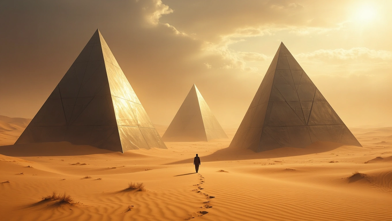 Mit jelent háromszögekkel álmodni? – Részletes álomfejtés és értelmezés Három hatalmas háromszög alakú piramis a sivatagban, egy ember sétál közöttük.