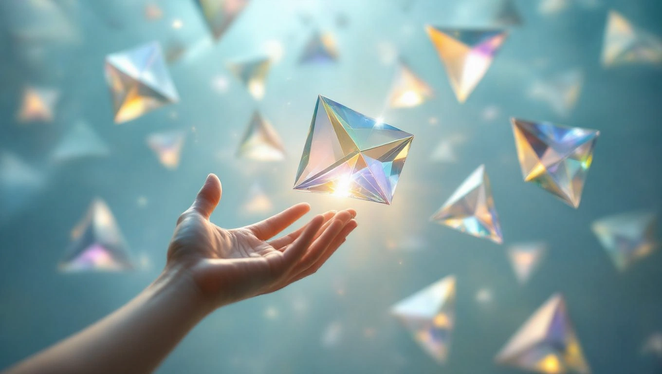 Mit jelent háromszögekkel álmodni? – Részletes álomfejtés és értelmezés Egy kéz, amely háromszög alakú prizmákat fogad, szimbolizálva a spirituális fejlődést.