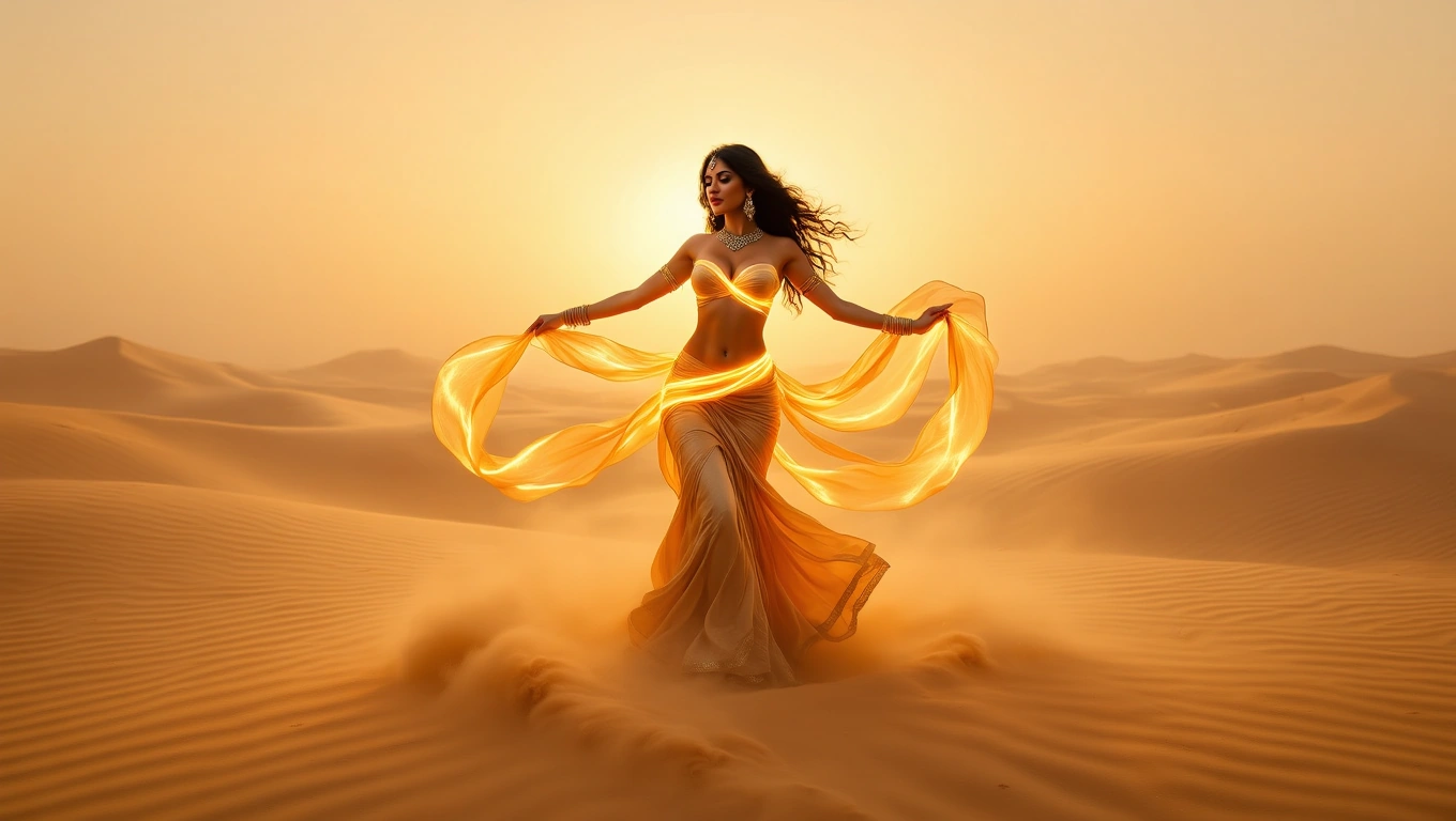 Mit jelent hastáncossal álmodni? – Részletes álomfejtés és értelmezés Egy hastáncos nő táncol a sivatagban, aranyszínű fátyollal a naplementében.