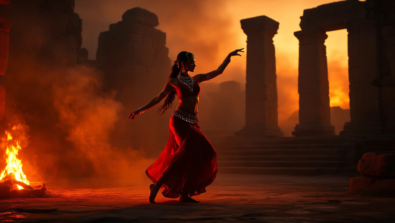 Mit jelent hastáncossal álmodni? – Részletes álomfejtés és értelmezés Hastáncost ábrázoló nő táncol, vörös ruhában, romos oszlopok között.