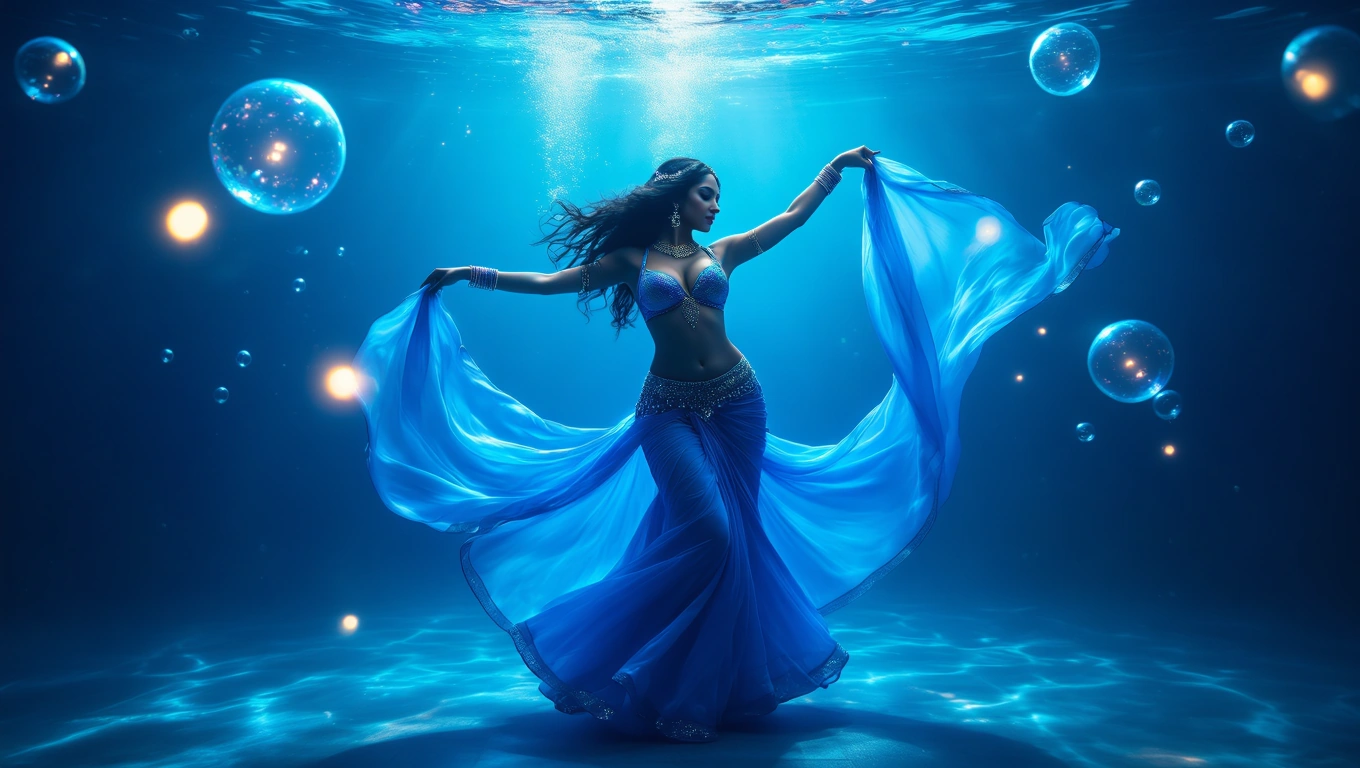 Mit jelent hastáncossal álmodni? – Részletes álomfejtés és értelmezés Egy hastáncos nő kék ruhában, víz alatt, érzékien táncolva.