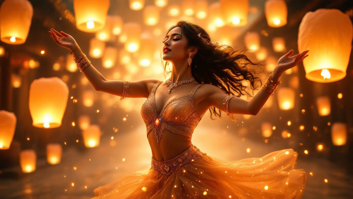 Mit jelent hastáncossal álmodni? – Részletes álomfejtés és értelmezés Egy hastáncos nő aranyszínű ruhában, lágy mozdulatokkal táncol, háttérben világító lámpásokkal.