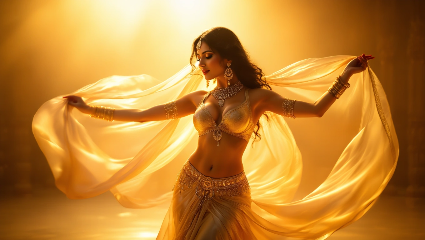 Mit jelent hastáncossal álmodni? – Részletes álomfejtés és értelmezés Egy hastáncos nő aranyszínű ruhában, érzékien táncolva, lágy fátylakkal.