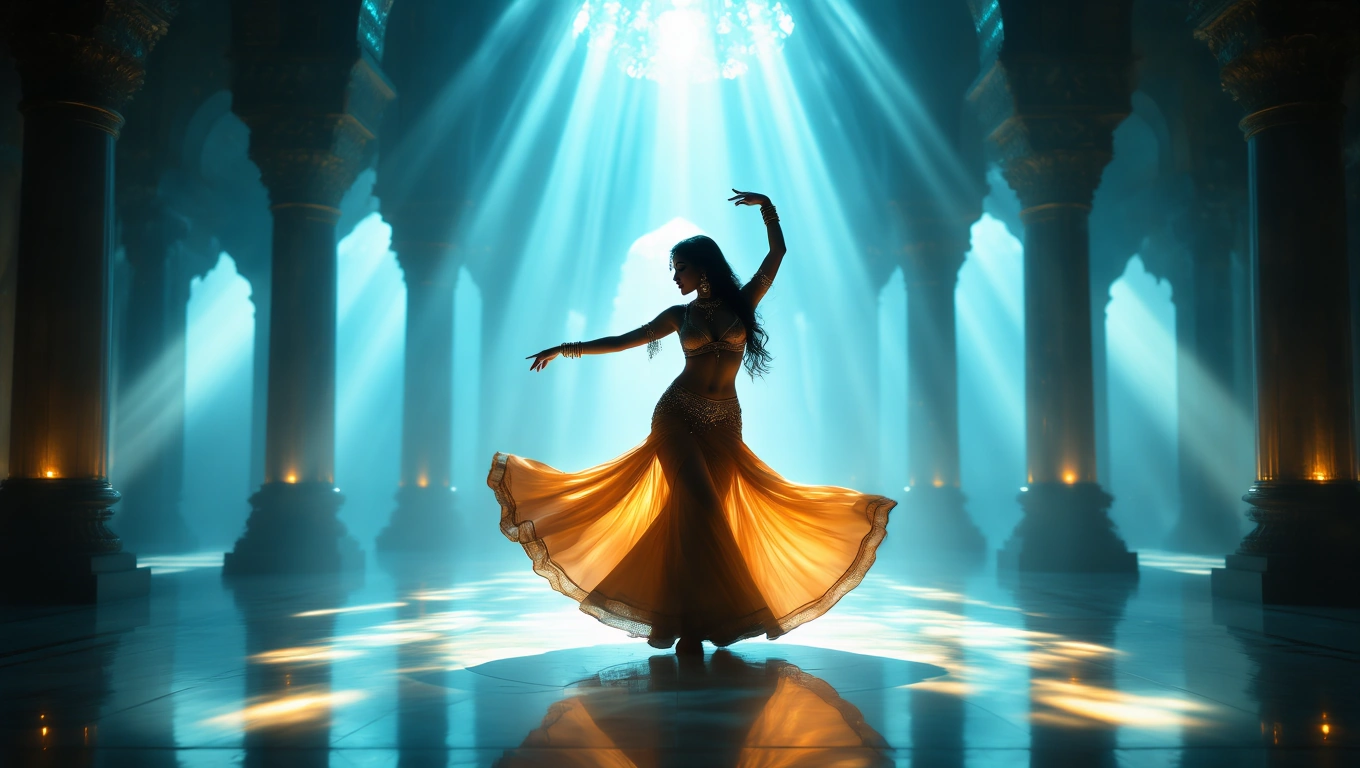 Mit jelent hastáncossal álmodni? – Részletes álomfejtés és értelmezés Egy hastáncos nő táncol, fények és árnyékok játékában, nőiességet sugallva.