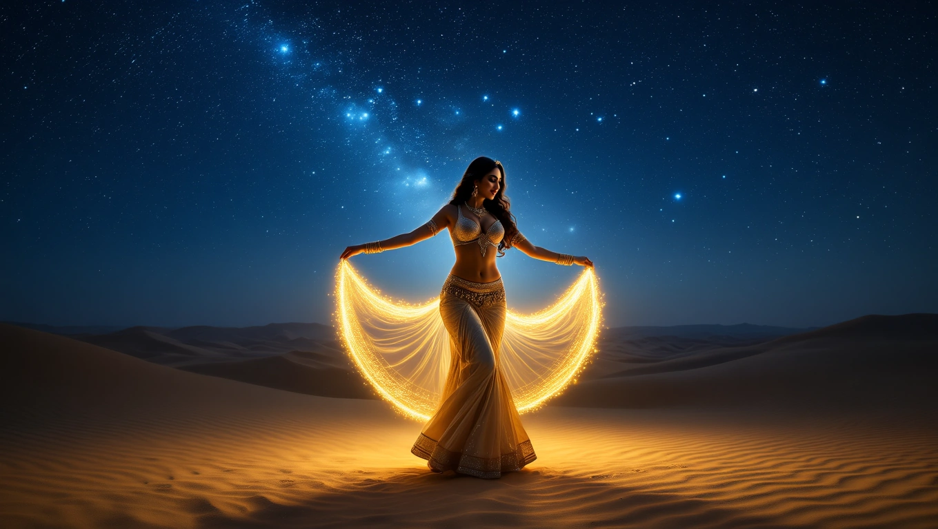 Mit jelent hastáncossal álmodni? – Részletes álomfejtés és értelmezés Hastáncost ábrázoló nő táncol a sivatagban, csillagok alatt, fénylő fátyollal.