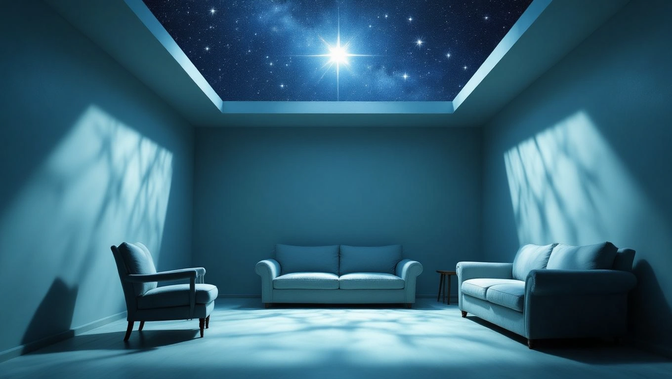 Egy világoskék falú szoba, csillagos égbolttal a mennyezeten, kényelmes bútorokkal.
