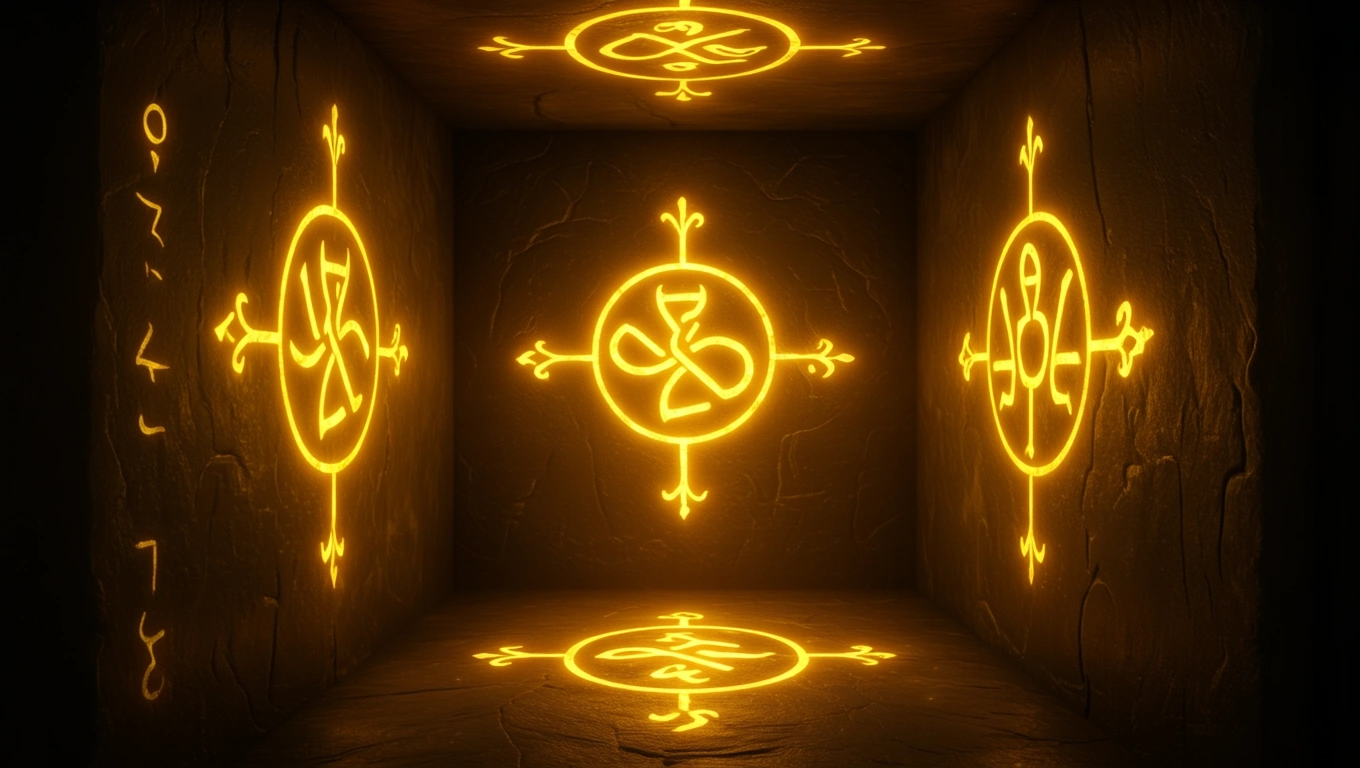 Egy sötét helyiség falán aranyszínű szimbólumok világítanak.