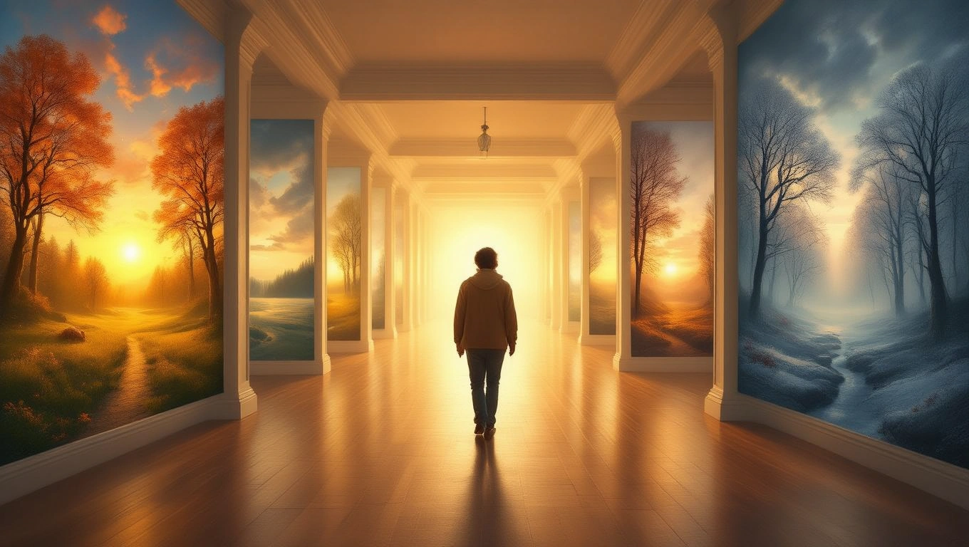 Egy ember áll egy világos folyosón, mellette festmények különböző tájakkal.